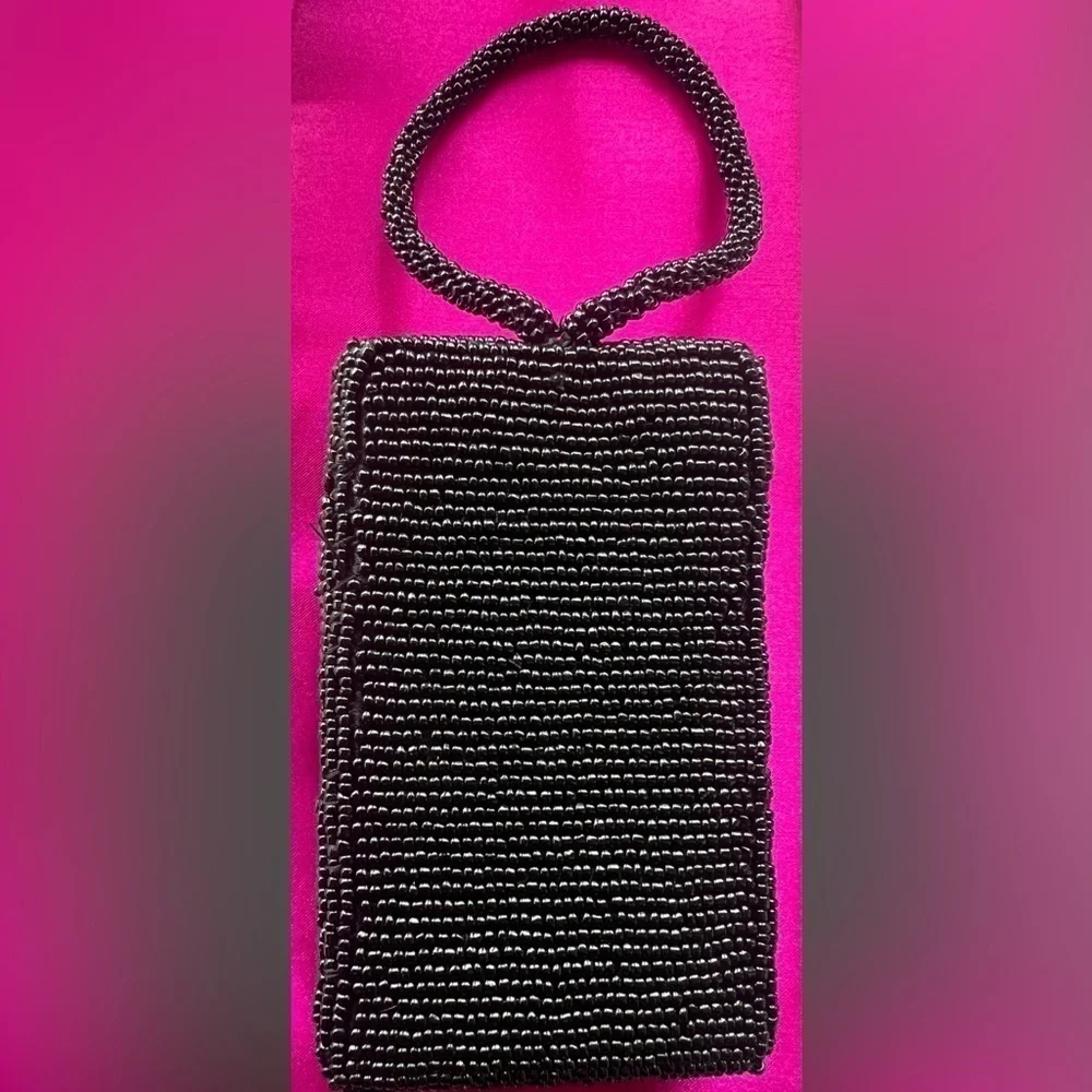 BEADED black cosmetic rectangle cosmetic/ evening mini bag with built in mirror